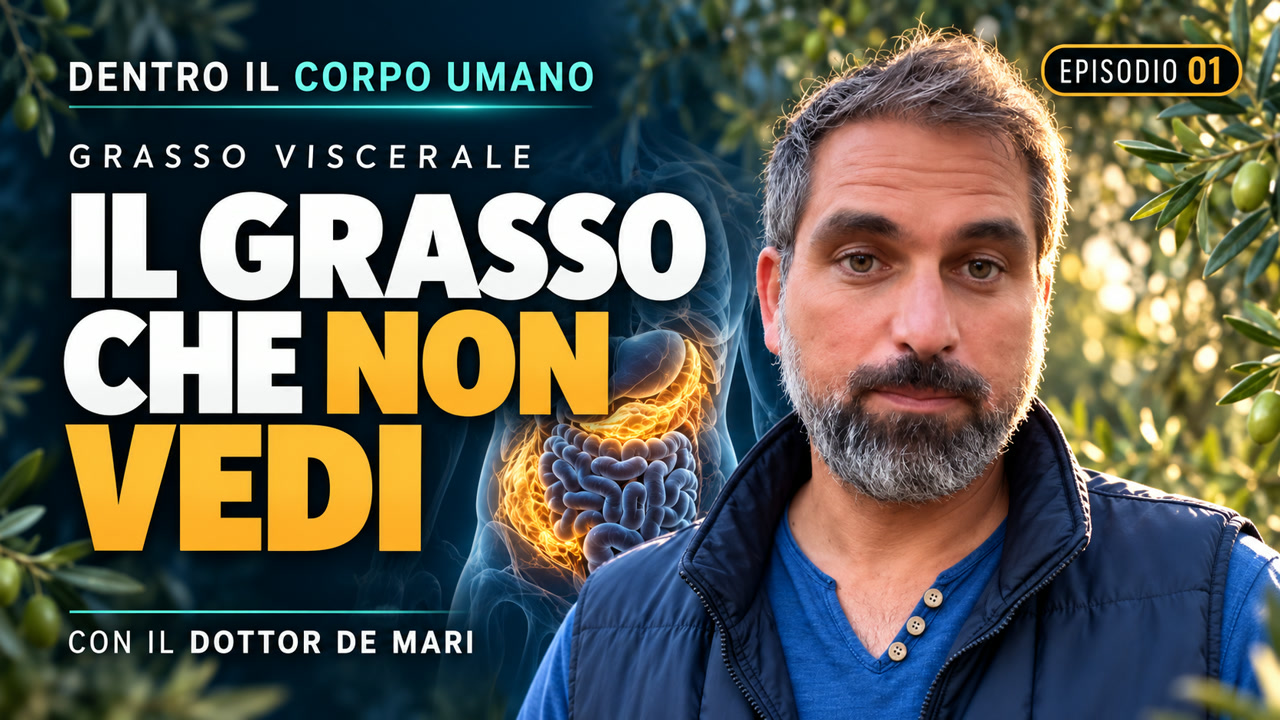 Dott. Danilo De Mari tra gli ulivi, copertina della puntata sul grasso viscerale.