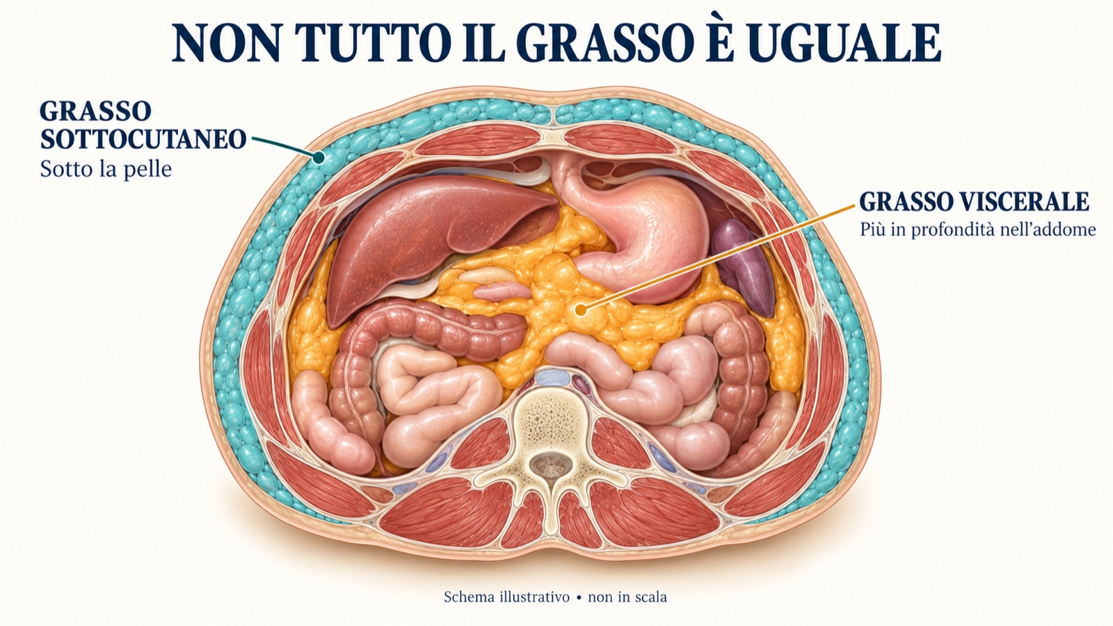Sezione schematica dell’addome: grasso sottocutaneo turchese sotto la pelle e grasso viscerale arancione all’interno della cavità addominale.