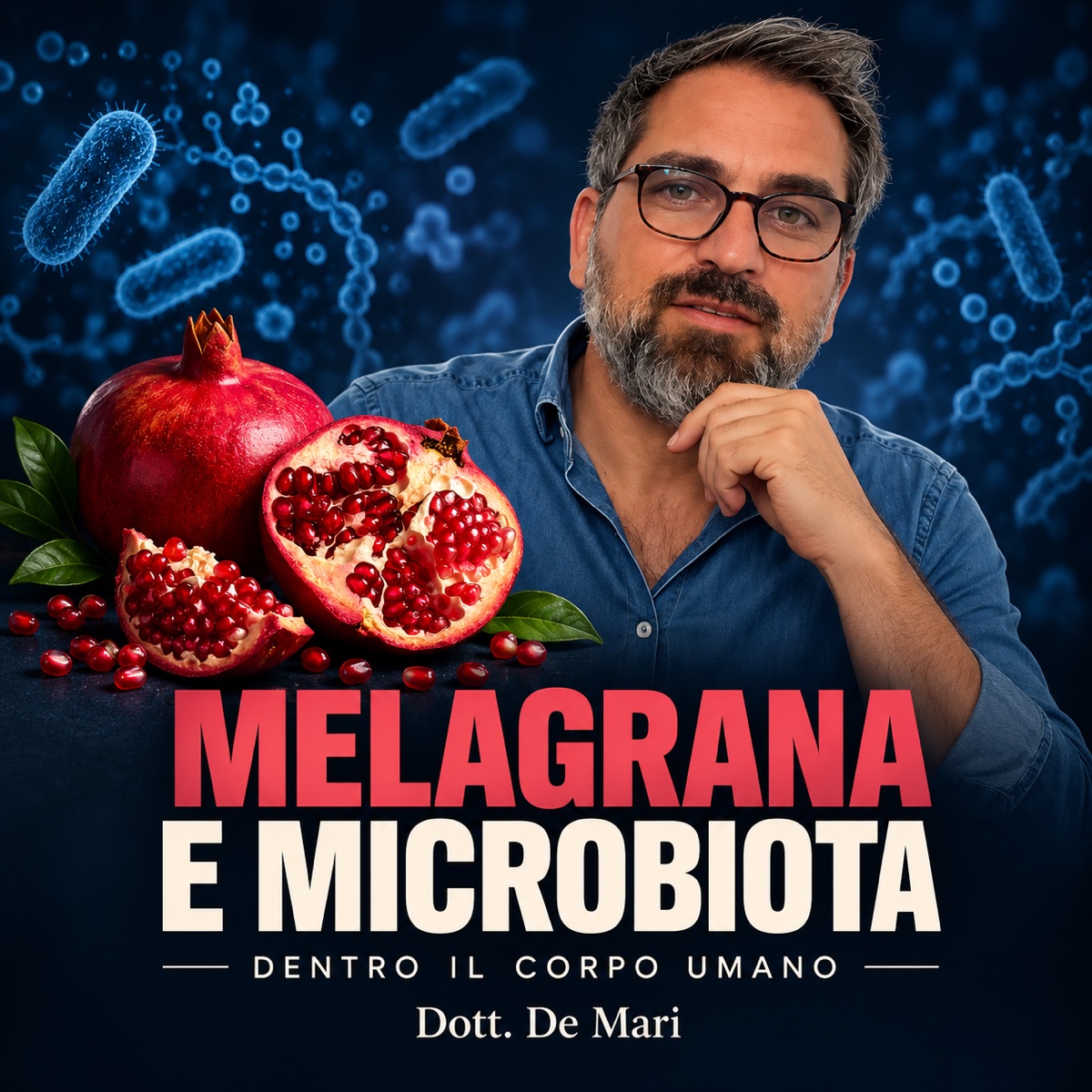 Dott. Danilo De Mari con una melagrana e il titolo Melagrana e microbiota