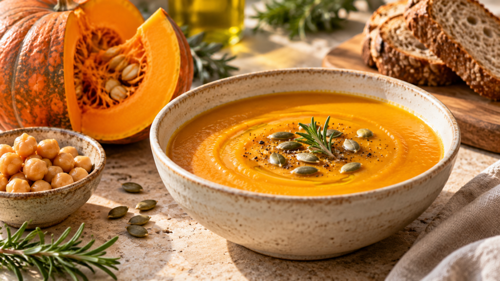 Vellutata di zucca con semi e rosmarino, accompagnata da ceci e pane integrale